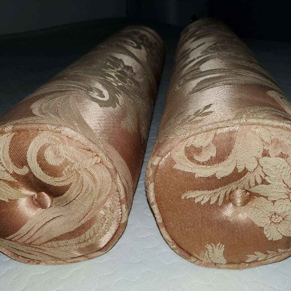PAIR CUSTOM-MADE BOLSTER PILLOWS DONE IN VINTAGE FABRIC